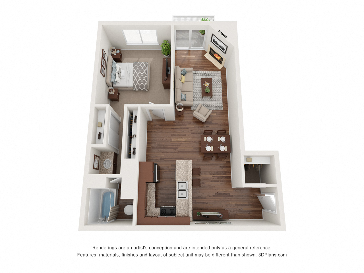 Floor plan for 1 bed, 1 bath, 702 sqft